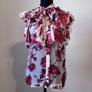 Alice + Olivia Silk Floral Ruffle Blouse - Pink and White